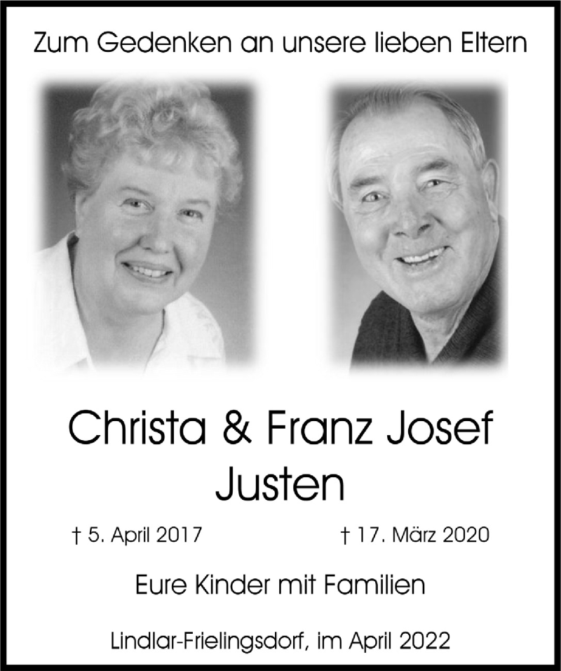  Traueranzeige für Christa Justen vom 22.04.2022 aus  Anzeigen Echo 