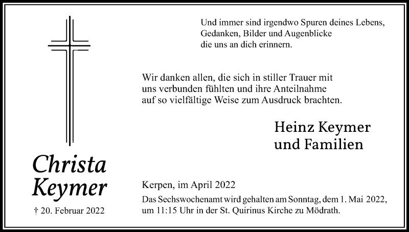  Traueranzeige für Christa Keymer vom 23.04.2022 aus Kölner Stadt-Anzeiger / Kölnische Rundschau / Express