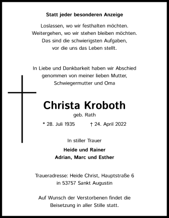 Anzeige von Christa Kroboth von Kölner Stadt-Anzeiger / Kölnische Rundschau / Express