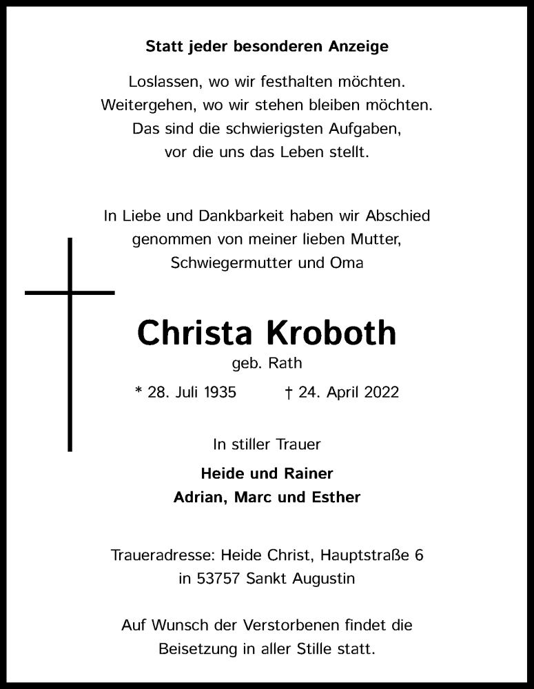  Traueranzeige für Christa Kroboth vom 30.04.2022 aus Kölner Stadt-Anzeiger / Kölnische Rundschau / Express
