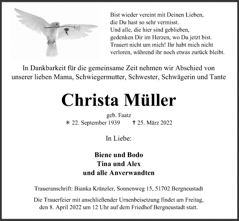  Traueranzeige für Christa Müller vom 05.04.2022 aus Kölner Stadt-Anzeiger / Kölnische Rundschau / Express