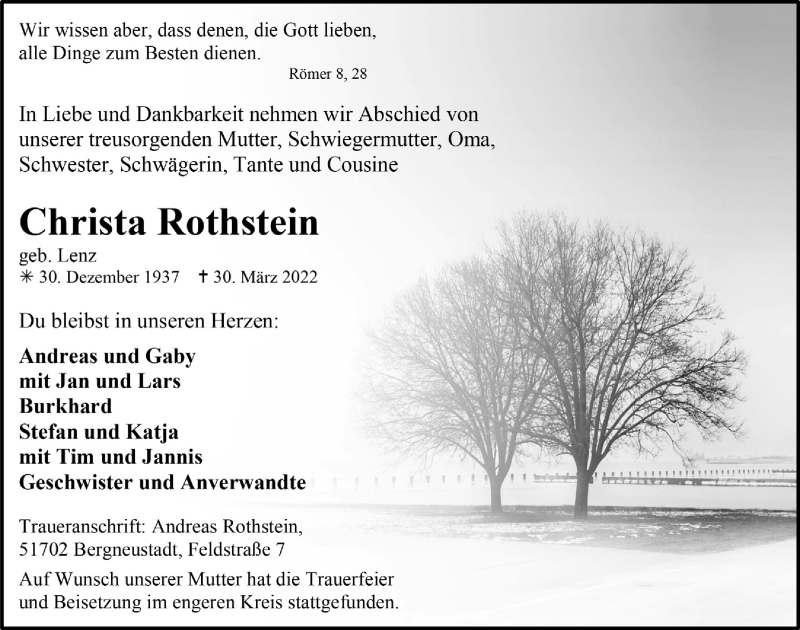  Traueranzeige für Christa Rothstein vom 14.04.2022 aus  Anzeigen Echo 