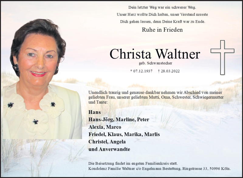  Traueranzeige für Christa Waltner vom 02.04.2022 aus Kölner Stadt-Anzeiger / Kölnische Rundschau / Express