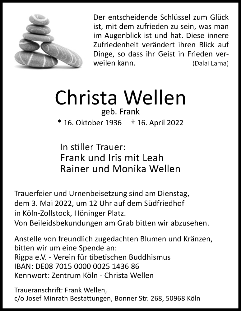  Traueranzeige für Christa Wellen vom 30.04.2022 aus Kölner Stadt-Anzeiger / Kölnische Rundschau / Express