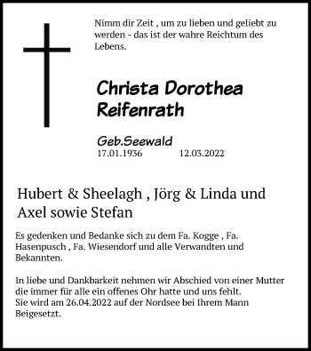 Anzeige von Christa Dorothea Reifenrath von Kölner Stadt-Anzeiger / Kölnische Rundschau / Express