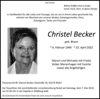 Anzeige von Christel Becker von Kölner Stadt-Anzeiger / Kölnische Rundschau / Express