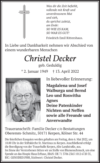 Anzeige von Christel Decker von  Werbepost 