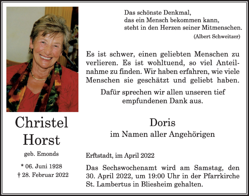 Traueranzeige für Christel Horst vom 22.04.2022 aus  Werbepost 