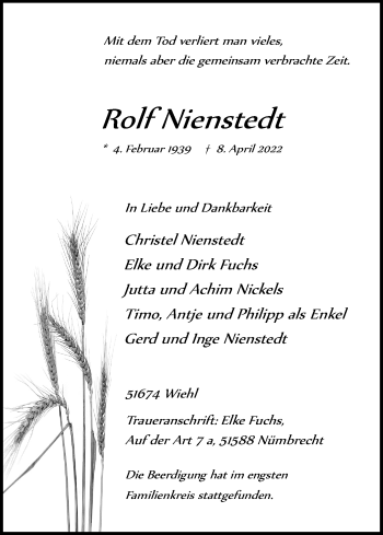 Anzeige von Christel Nienstedt von Kölner Stadt-Anzeiger / Kölnische Rundschau / Express