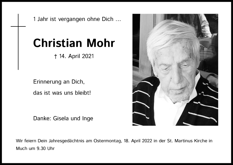  Traueranzeige für Christian Mohr vom 02.04.2022 aus Kölner Stadt-Anzeiger / Kölnische Rundschau / Express