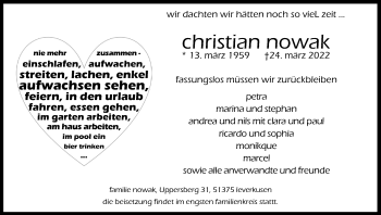 Anzeige von Christian Nowak von Kölner Stadt-Anzeiger / Kölnische Rundschau / Express