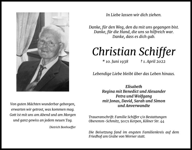  Traueranzeige für Christian Schiffer vom 23.04.2022 aus Kölner Stadt-Anzeiger / Kölnische Rundschau / Express