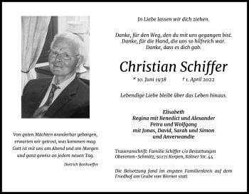 Anzeige von Christian Schiffer von Kölner Stadt-Anzeiger / Kölnische Rundschau / Express