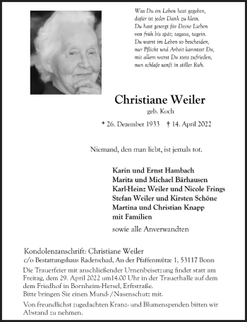 Anzeige von Christiane Weiler von  Schaufenster/Blickpunkt 