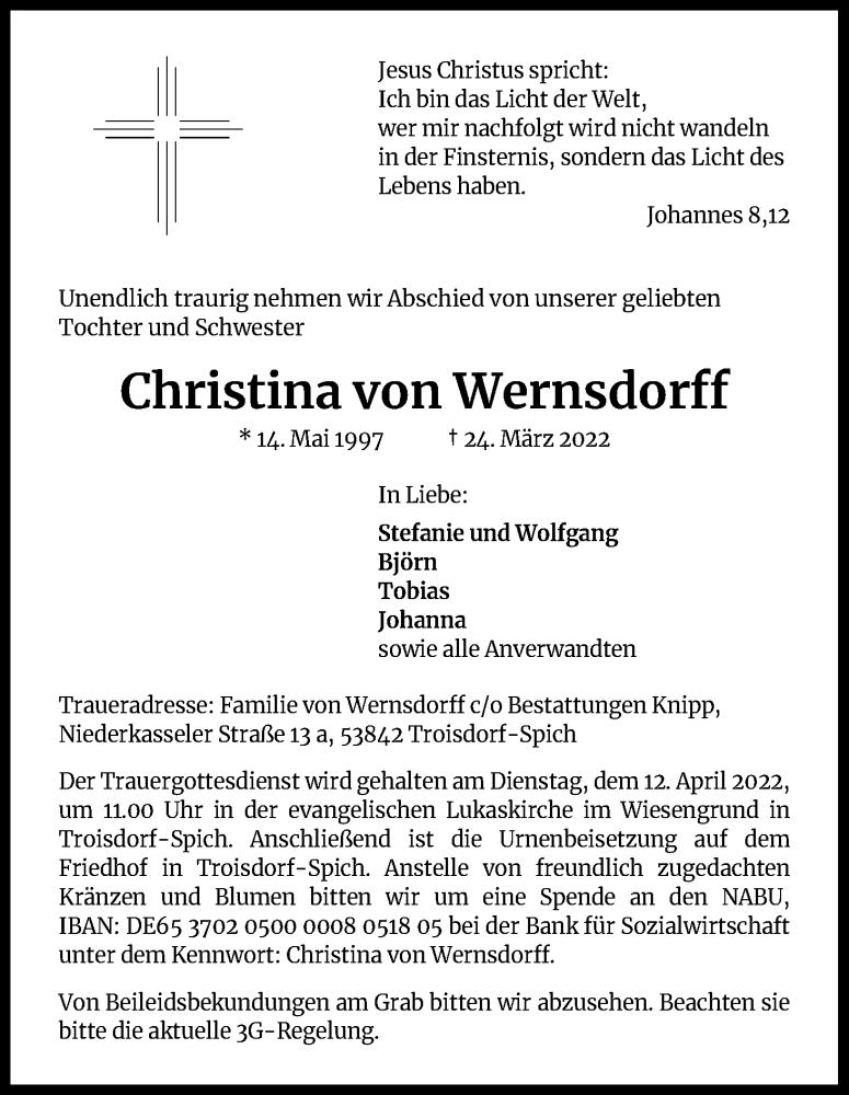  Traueranzeige für Christina von Wernsdorff vom 09.04.2022 aus Kölner Stadt-Anzeiger / Kölnische Rundschau / Express