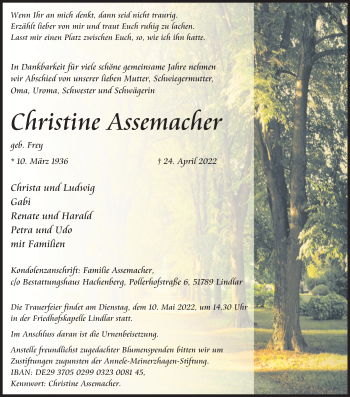 Anzeige von Christine Assemacher von Kölner Stadt-Anzeiger / Kölnische Rundschau / Express