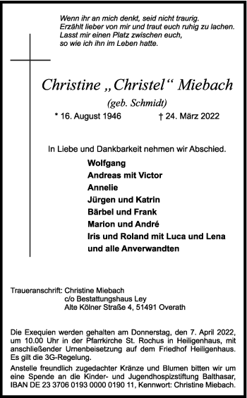 Anzeige von Christine Miebach von Kölner Stadt-Anzeiger / Kölnische Rundschau / Express