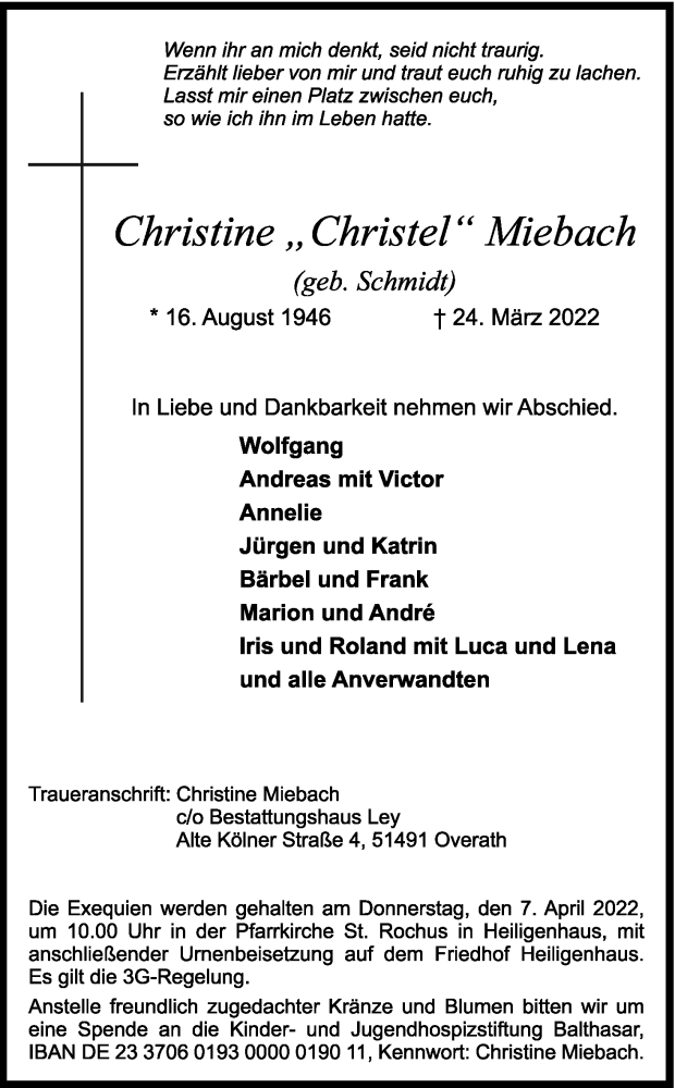  Traueranzeige für Christine Miebach vom 02.04.2022 aus Kölner Stadt-Anzeiger / Kölnische Rundschau / Express