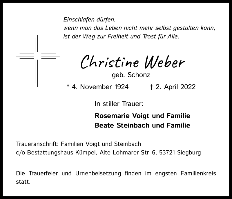  Traueranzeige für Christine Weber vom 09.04.2022 aus Kölner Stadt-Anzeiger / Kölnische Rundschau / Express