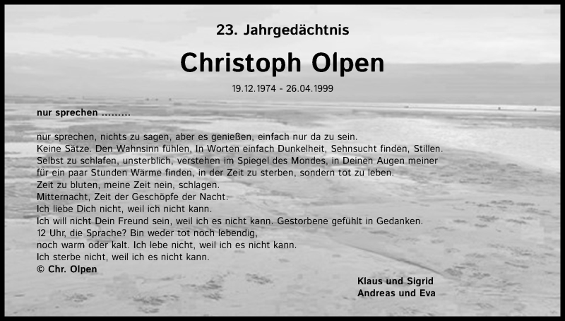  Traueranzeige für Christoph Olpen vom 26.04.2022 aus Kölner Stadt-Anzeiger / Kölnische Rundschau / Express