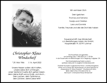 Anzeige von Christopher-Klaus Windscheif von Kölner Stadt-Anzeiger / Kölnische Rundschau / Express