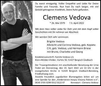 Anzeige von Clemens Vedova von Kölner Stadt-Anzeiger / Kölnische Rundschau / Express