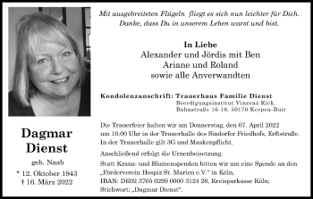 Anzeige von Dagmar Dienst von Kölner Stadt-Anzeiger / Kölnische Rundschau / Express