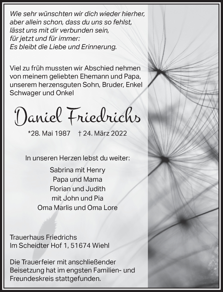  Traueranzeige für Daniel Friedrichs vom 08.04.2022 aus  Anzeigen Echo 