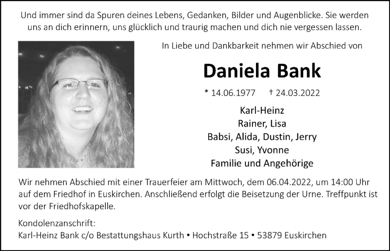  Traueranzeige für Daniela Bank vom 02.04.2022 aus  Blickpunkt Euskirchen 