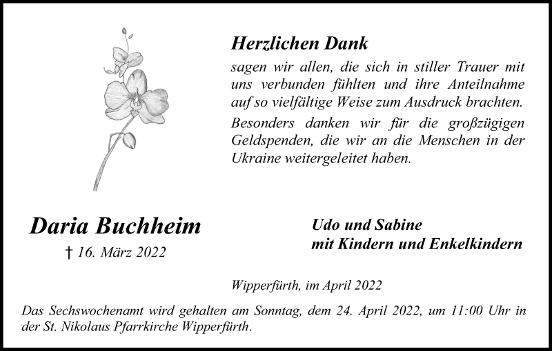  Traueranzeige für Daria Buchheim vom 16.04.2022 aus Kölner Stadt-Anzeiger / Kölnische Rundschau / Express
