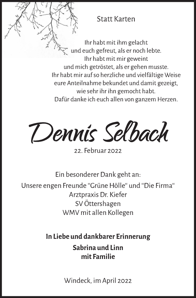  Traueranzeige für Dennis Selbach vom 08.04.2022 aus  Lokalanzeiger 
