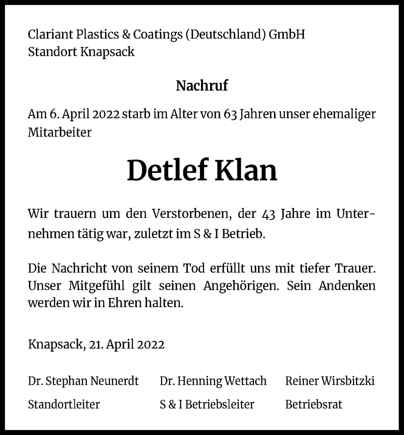  Traueranzeige für Detlef Klan vom 23.04.2022 aus Kölner Stadt-Anzeiger / Kölnische Rundschau / Express