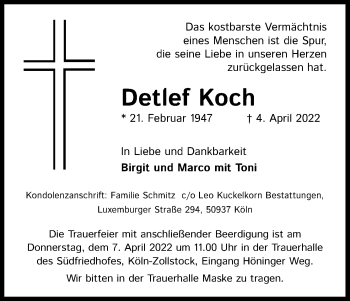 Anzeige von Detlef Koch von Kölner Stadt-Anzeiger / Kölnische Rundschau / Express