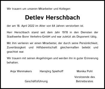 Anzeige von Detlev Herschbach von Kölner Stadt-Anzeiger / Kölnische Rundschau / Express