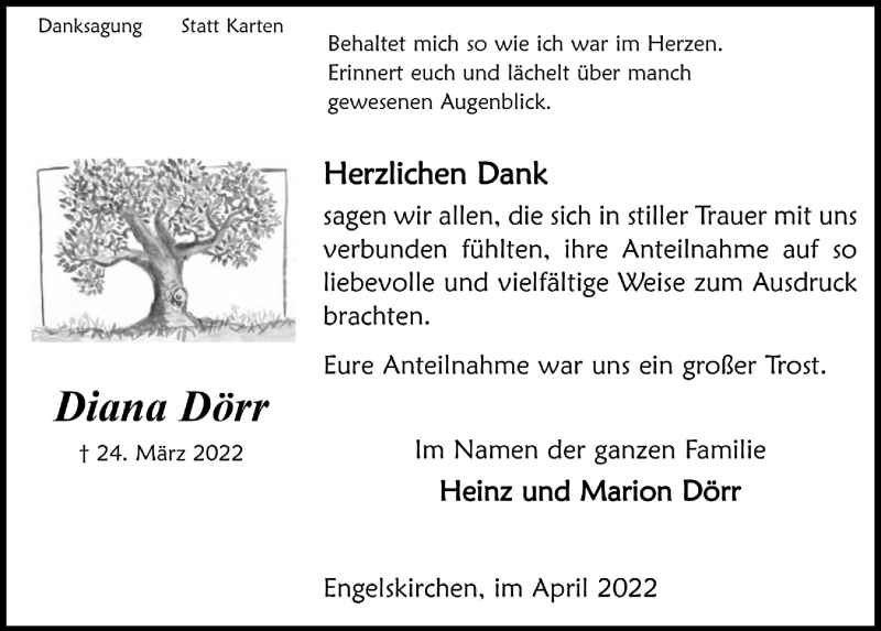  Traueranzeige für Diana Dörr vom 22.04.2022 aus  Anzeigen Echo 
