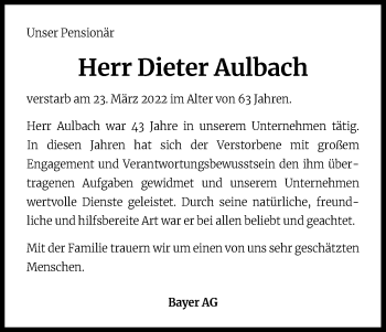 Anzeige von Dieter Aulbach von Kölner Stadt-Anzeiger / Kölnische Rundschau / Express