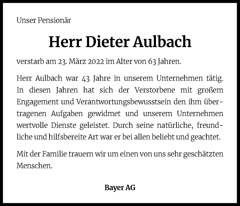  Traueranzeige für Dieter Aulbach vom 08.04.2022 aus Kölner Stadt-Anzeiger / Kölnische Rundschau / Express