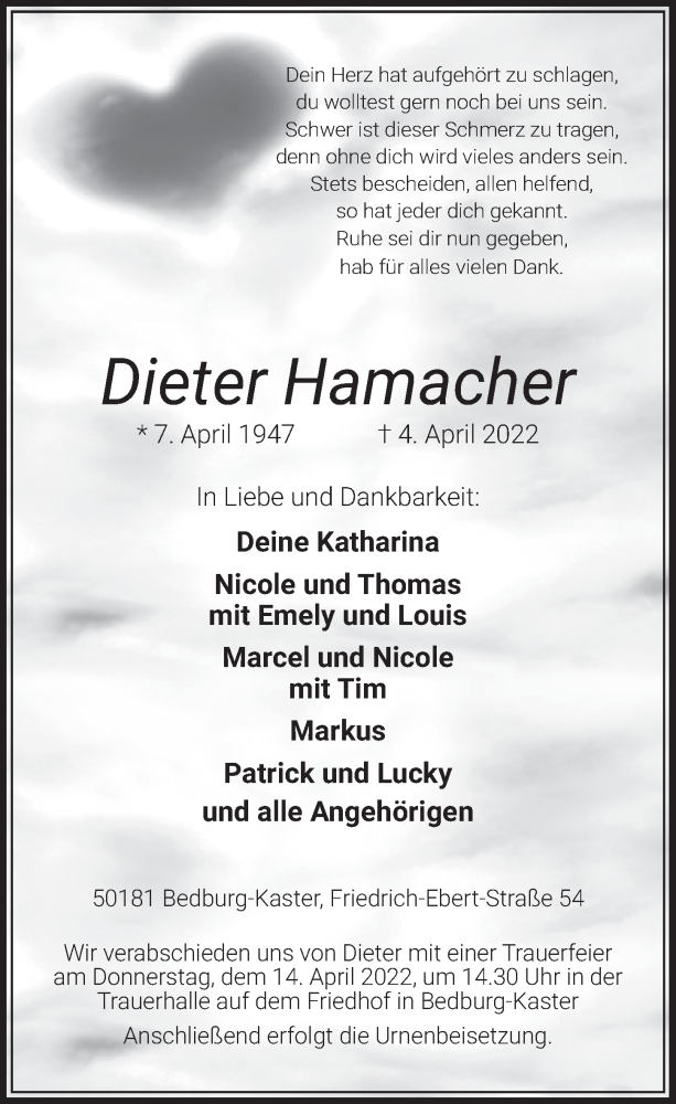  Traueranzeige für Dieter Hamacher vom 08.04.2022 aus  Werbepost 