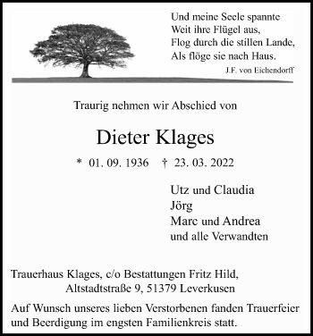 Anzeige von Dieter Klages von Kölner Stadt-Anzeiger / Kölnische Rundschau / Express