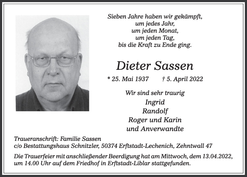  Traueranzeige für Dieter Sassen vom 14.04.2022 aus  Werbepost 