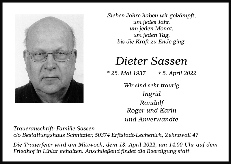  Traueranzeige für Dieter Sassen vom 09.04.2022 aus Kölner Stadt-Anzeiger / Kölnische Rundschau / Express