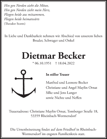 Anzeige von Dietmar Becker von  Schaufenster/Blickpunkt 