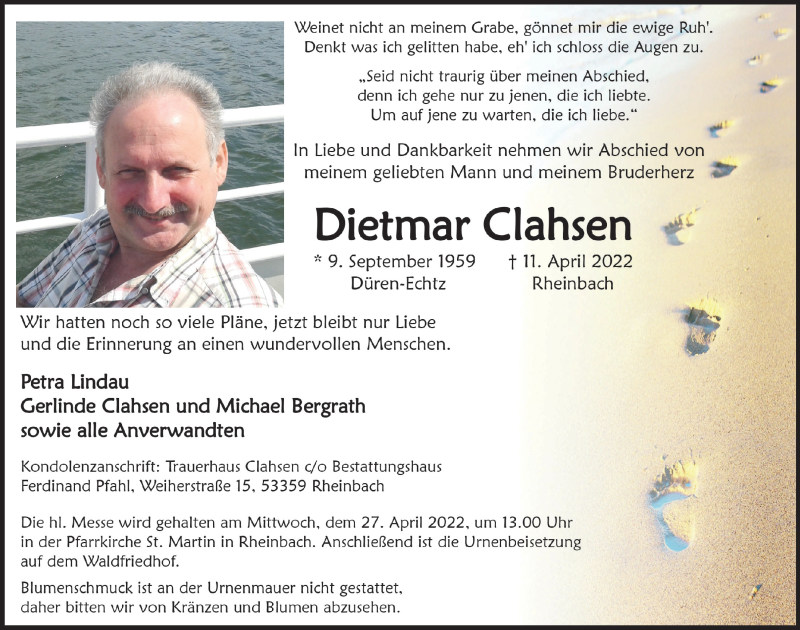  Traueranzeige für Dietmar Clahsen vom 22.04.2022 aus  Schaufenster/Blickpunkt 