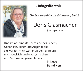 Anzeige von Doris Glasmacher von Kölner Stadt-Anzeiger / Kölnische Rundschau / Express