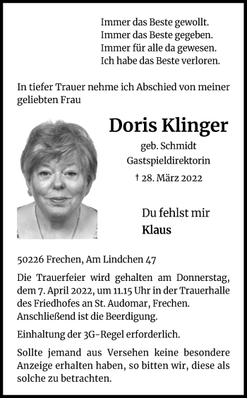 Anzeige von Doris Klinger von Kölner Stadt-Anzeiger / Kölnische Rundschau / Express