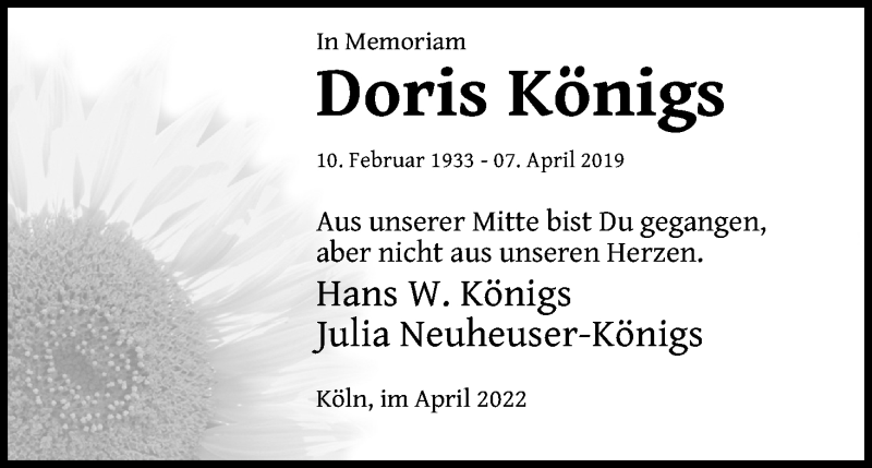  Traueranzeige für Doris Königs vom 07.04.2022 aus Kölner Stadt-Anzeiger / Kölnische Rundschau / Express