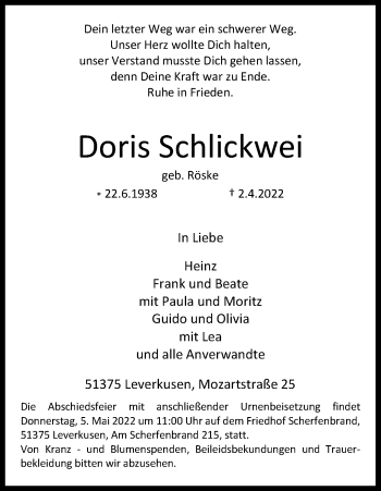 Anzeige von Doris Schlickwei von Kölner Stadt-Anzeiger / Kölnische Rundschau / Express