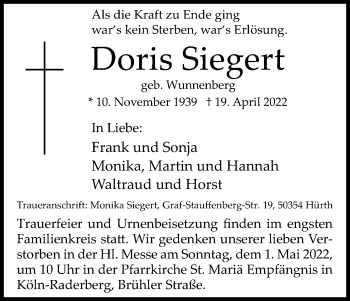 Anzeige von Doris Siegert von Kölner Stadt-Anzeiger / Kölnische Rundschau / Express
