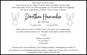 Anzeige von Dorothea Hamacher von Kölner Stadt-Anzeiger / Kölnische Rundschau / Express