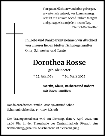 Anzeige von Dorothea Rosse von Kölner Stadt-Anzeiger / Kölnische Rundschau / Express
